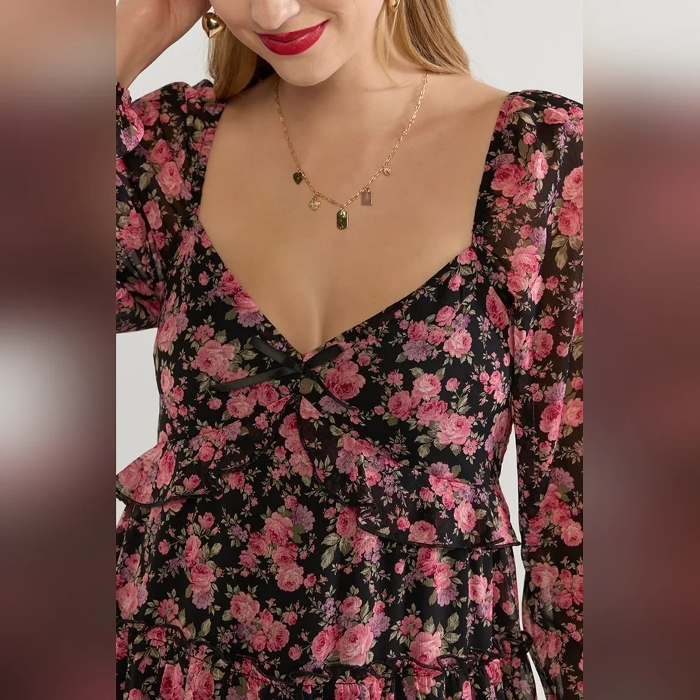 Francesca's Black Floral Dress with Pink Accents SzL New With Tag - Picture 11 of 12